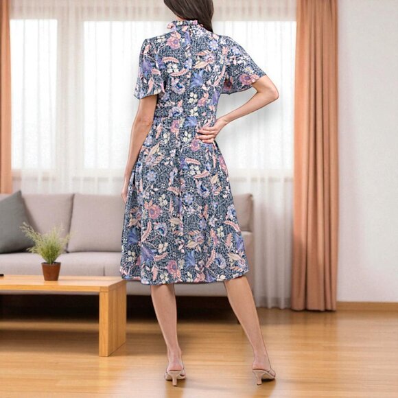 Elegant Floral Midi Dress - Blue and Pink - Picture 9 of 10